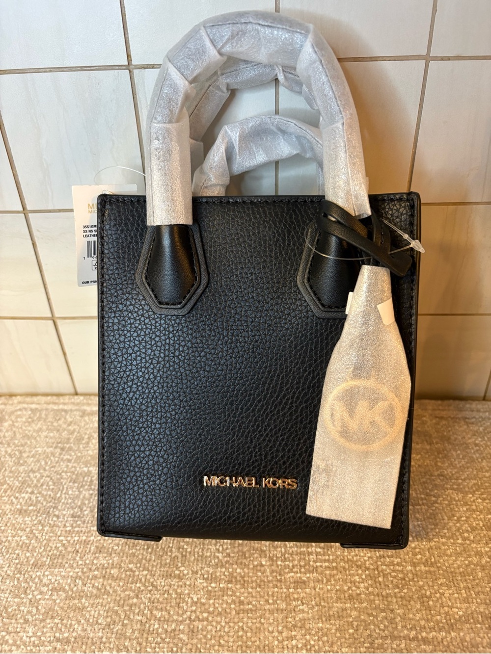 NWT Michael Kors Black Pebble Leather Mercer Extra Small Tote with Gold Logo
